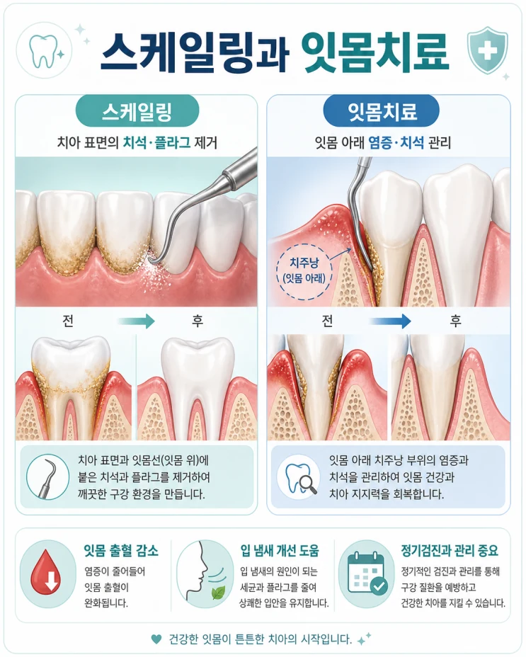 잇몸 출혈과 스케일링 필요성 설명 이미지